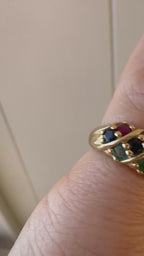 emerald, sapphire + ruby ring