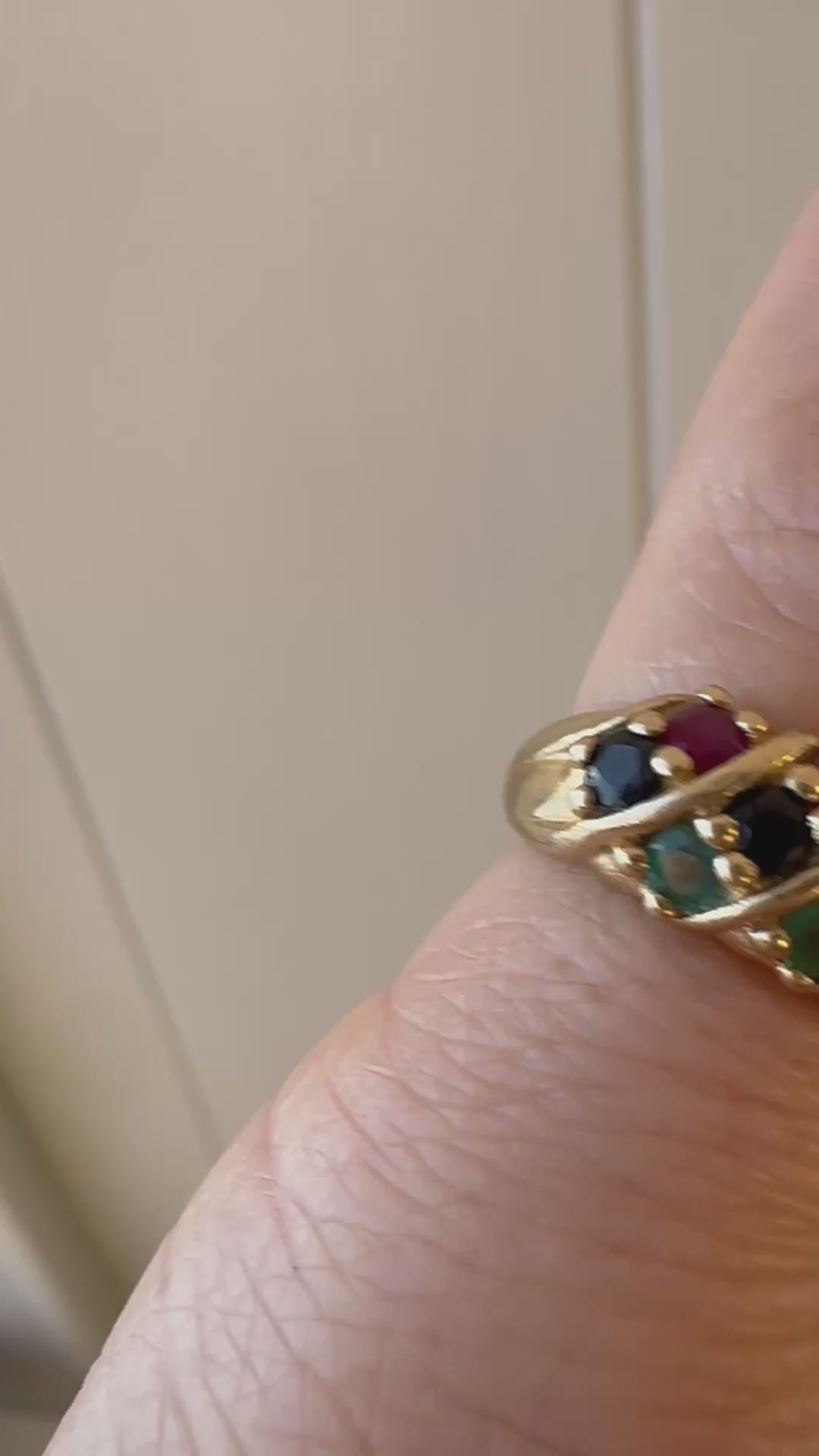 emerald, sapphire + ruby ring